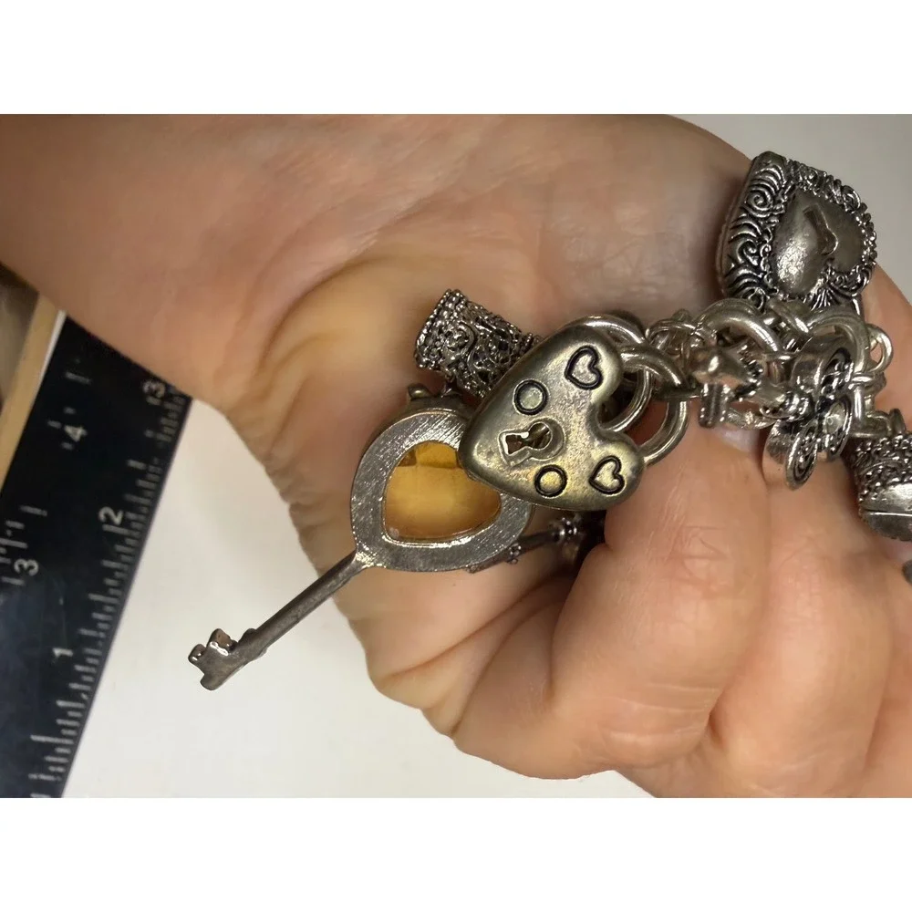 Silver Tone Heart Lock and Key Charm Necklace Yellow Faceted Stones Statement